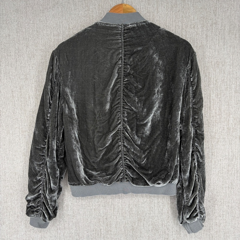 Free People Jacket Womens XS Green Ruched Velvet Bomber Full Zip Velour Varsity - Picture 2 of 13